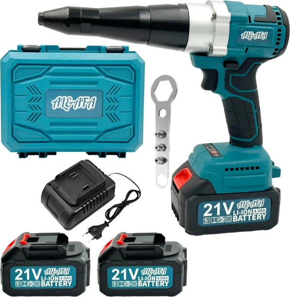 Al&Afa 21V Cordless Rivet Gun Kit With Case, 2 Batteries & Accessories Nails