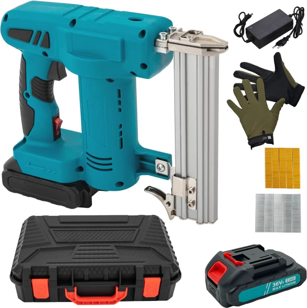 fameinc 10 Pc Wireless Nail Gun With 2 Battery Packs, Nails, Staples, Case & Gloves Nails