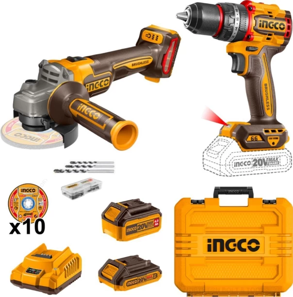 Ingco Cordless Angle Grinder & 66Nm Drill 20V Combo kit Allen Key