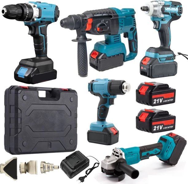 fame inc 21V Cordless Hammer Drill, Impact Wrench, Grinder, Drill, Heat Gun & Case Hammer Drill, Angle Grinder, Heat Gun, Wrench, Power Drill