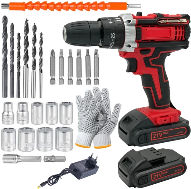 Fame inc 26 Pc Wireless Red Drill Set With 2 Lithium Battery Packs, Case & Gloves Power Drill
