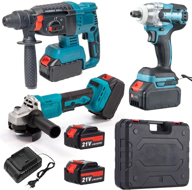 fame inc 21V Cordless Impact Wrench, Hammer Drill & Grinder Kit with 2 Batteries + Case Hammer Drill, Power Drill, Angle Grinder