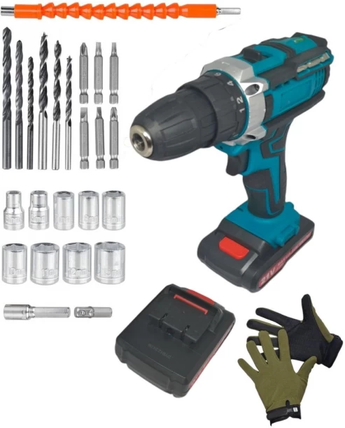 ZQI 29 Pc Wireless Impact Drill Set With Drill Bits, Safety Gloves & Carry Case Impact Drill