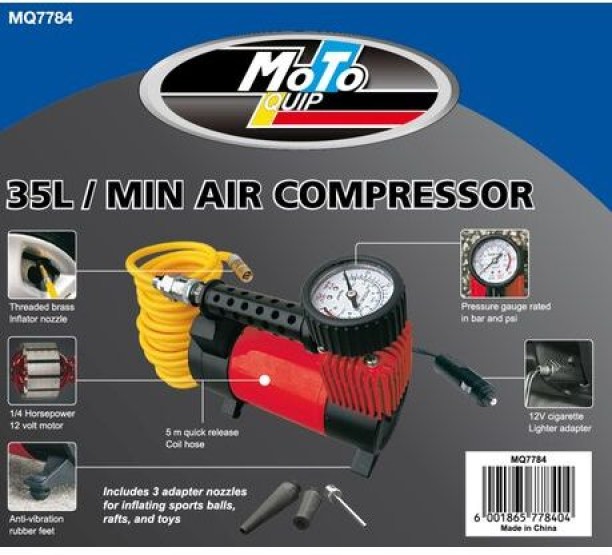 moto quip MotoQuip - 35 Litre Air Compressor 12V DC with Carry Bag Car, Motorcycle, Bicycle, Inflatable Furniture Pump