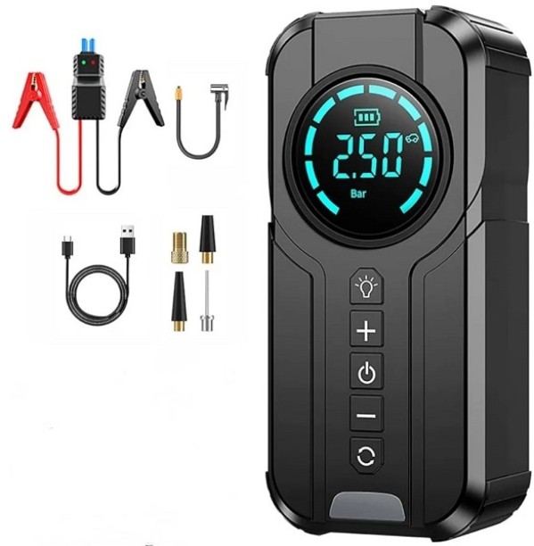 Prime Mart 2 in 1 Portable 12V Car Jump Starter And 180psi Tyre Air Pump With Digital Display Tubed Tyre Puncture Repair Kit