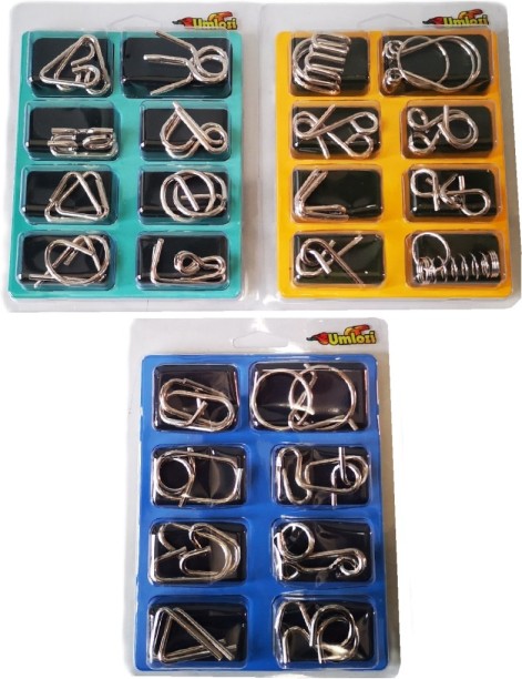 Umlozi 3D Metal Wire Brain Puzzles Challenge - Set of 24 (3 skill levels) Brain Teasers