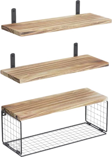 Maisonware 3-Piece Floating Shelf Set with Wire Basket Wooden, Steel Rack Shelf For  Bathroom