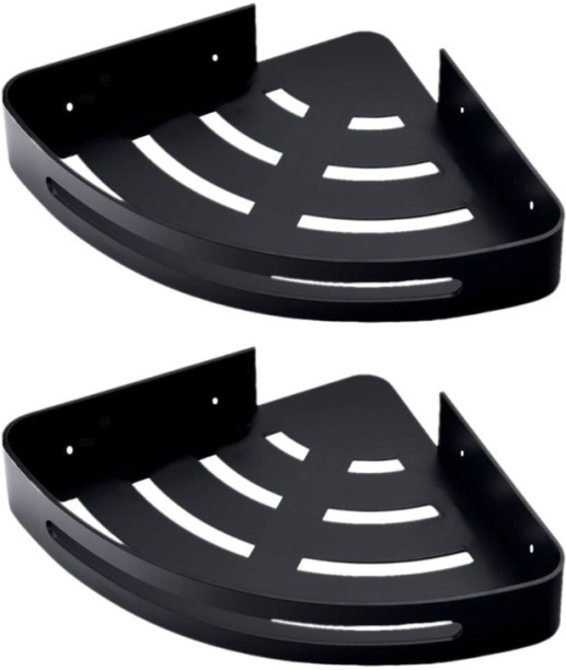 Shopcom 2 Bathroom/Kitchen Wall Mount Shelves - Black Stainless Steel Rack Shelf