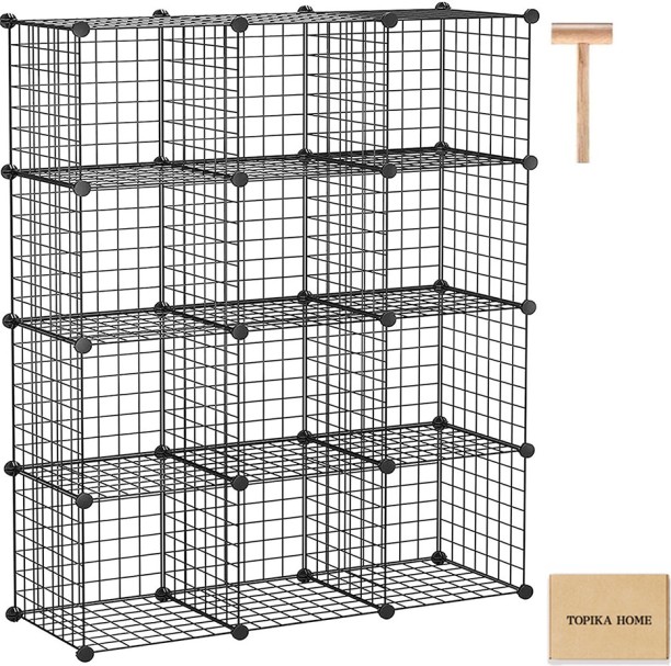 Topika Wire Storage Organiser, 12 Cube Modular Metal Grid Shelves-Black Stainless Steel Rack Shelf For  Living Room & Bedroom