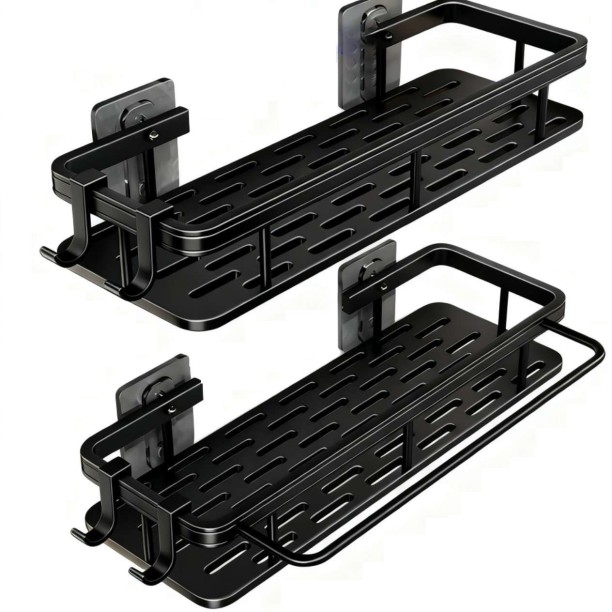 JIUHAO Shower Caddy, Adhesive Shower Shelves, 2-Pack with Hooks and Rod for Towels Stainless Steel Rack Shelf For  Bathroom