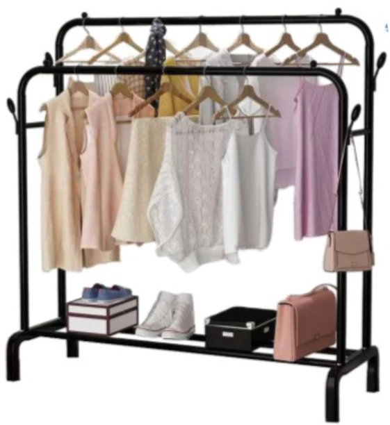 Generic Garment Racks Double Rod Portable Clothing Hanging Rach with Hooks Stainless Steel Rack Shelf For  Bathroom