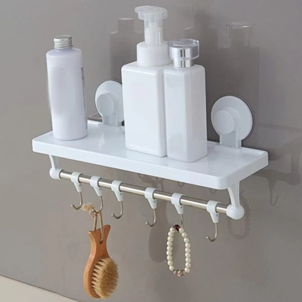 Bathlux Shelf With 6 Hanging Hooks And Suction Cup Plastic Rack Shelf