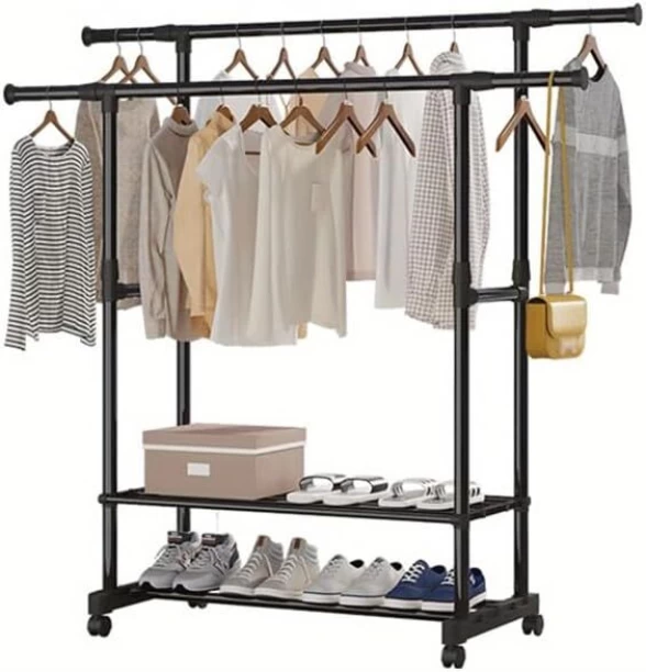 Generic Black Double Rods Garment Rack Stainless Steel Rack Shelf