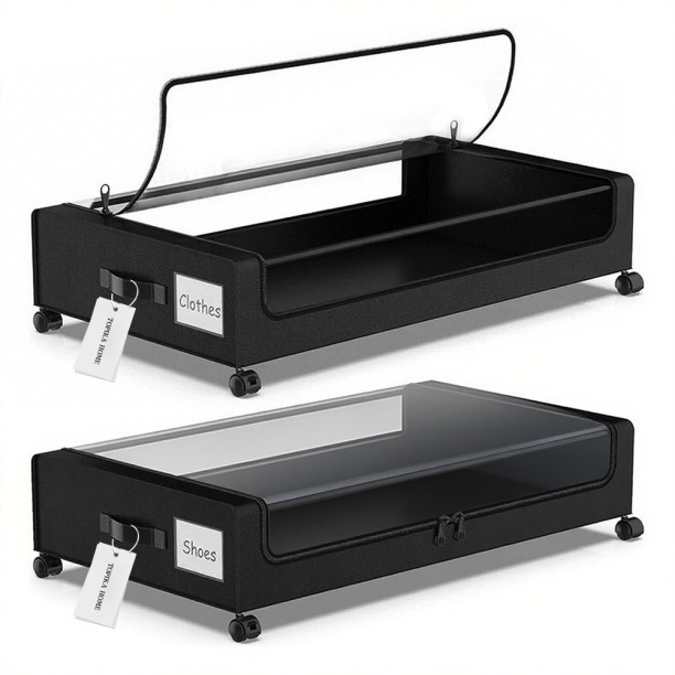 Topika Underbed Storage with Wheels, Clear Lid & Labels, 2Pack - Black Steel Rack Shelf