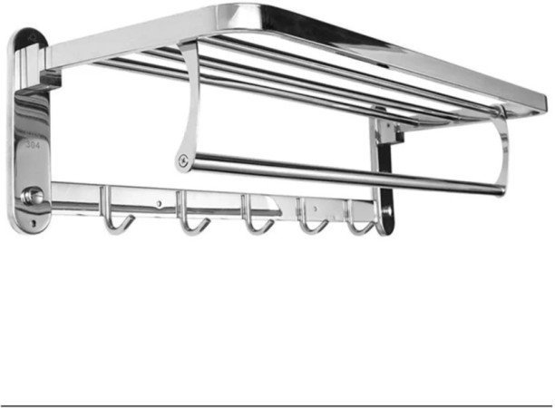 PrimePickSA Stainless Steel Bathroom Towel Rack with Shelf & Hooks - Wall-Mounted Organiser Aluminium Rack Shelf For  Bathroom