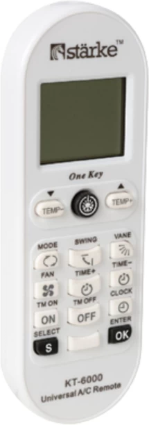 SirAir KT-6000 Universal A/C Remote Controller (Starke KT-6000 Compatible) SirAir; Starke; Samsung; LG; Hisense; Gree; Midea; Haier; AUX; Panasonic; Daikin; Mitsubishi Electric; Toshiba; Fujitsu; Carrier; York; Hitachi; Kelvinator; Whirlpool; TCL; Defy (functions depend on AC model) Remote Controller
