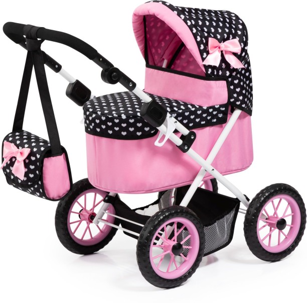 Bayer Trendy Dolls Pram (Black/Pink/Hearts) with Shoulder Bag - 68cm Tall Role Play Toy