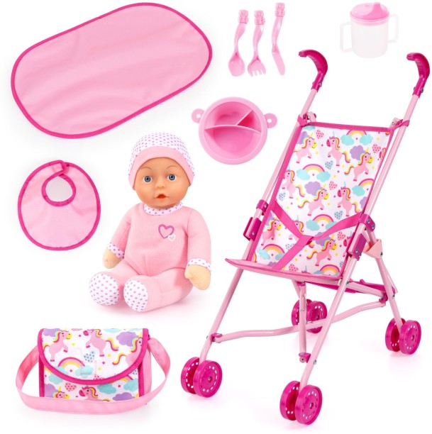 Bayer 10-in-1 Buggy Dolls Pram Set (Pink/Unicorns) Set with 30cm Doll Role Play Toy
