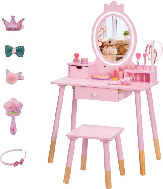 R AND E Kids Vanity Set with Mirror Wooden Make Up Beauty Role Play Toy