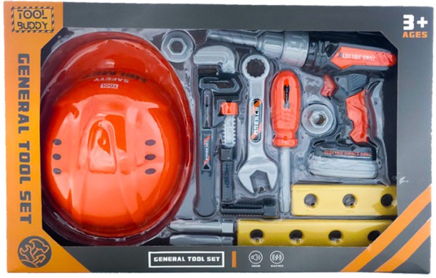 Tool Buddy Electric Drill 16-piece Simulation with Construction Hat Tool Set Role Play Toy