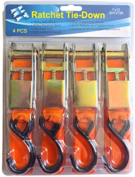 NT TOOLS 4 Pcs Ratchet Tie Down 25mm x 4.5m 180kg Braided Rope
