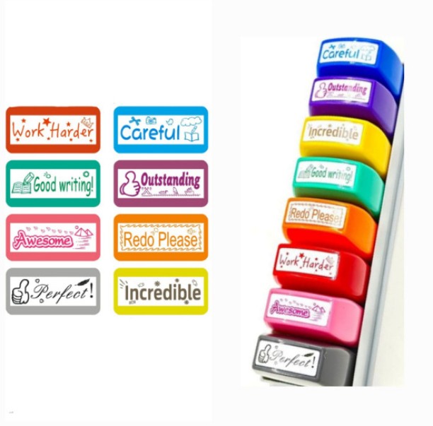 Miss Bliss Imports English Teacher Grading MultiColour Message stamps set 8 Pieces in casing Custom Rubber Stamp