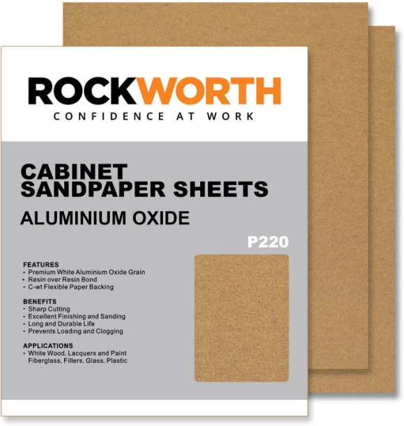 Rockworth Cabinet Sanding Sheets - P220 (50 Pack) Aluminium Oxide Sandpaper