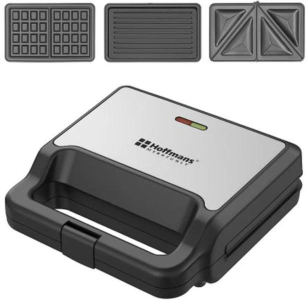 Hoffmans 3-in-1 Sandwich Maker with Non-Stick Interchangeable Plates | Electric Waffle, Grill, Toast