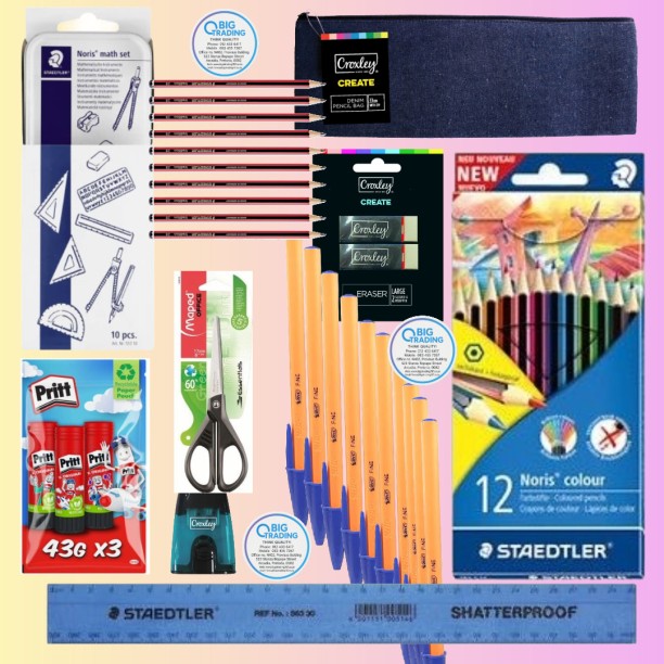 Croxley Back2School-PrimarySet- 12 x PENCIL TRADITION HB BOX-12 STAEDTLER 12 x COLOURING PENCIL 12'S LONG STAEDTLER 10 x BIC Orange Fine (Blue) 3 x Glue Stick Pritt 43gr 2 x CREATE Eraser - 35 x 2 x 1 cm 1 x STAEDLER MATHEMATICAL INSTRUMENT SET 10 1 x Ruler 30cm Ass. Shatterproof 1 x MAPED Sharpener 2-Hole Shaker - Each 1 x MAPED Scissors 17cm Essential Green Black Handle 1 x Denim Pencil Bag School Set