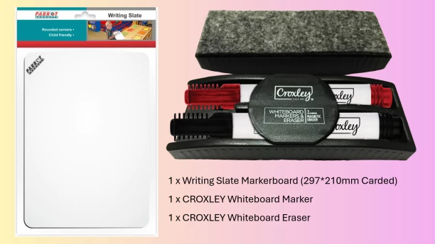 Parrot Back to School Stationery Pack-maths-1 x Writing Slate Markerboard (297*210mm Carded) 1 x MAR8500 - CROXLEY Whiteboard Marker 1 x MAR8500 - CROXLEY Whiteboard Eraser School Set