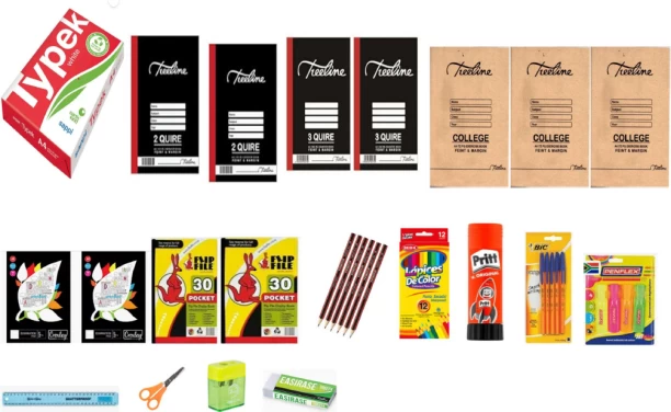 Treeline Combo Typek, Treeline books, Kangaroo Flip files, HB Pencils, Bic Pens, Pritt, Ruler, Scissor, Rubber, Sharpener 80 mm Stationery Combo