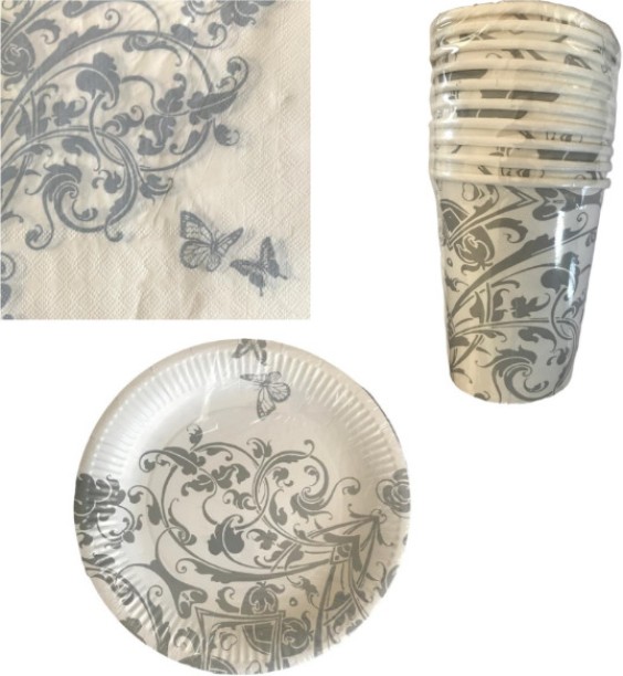 Buzz Fire Silver Butterfly Themed Paper Plates, Cups and Serviette Set Plate Serving Set