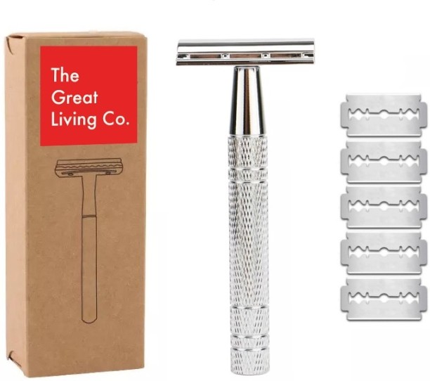 The Great Living Co. Premium Double Edge Safety Shaving Razor & 5 Shaving Blades - Silver Men & Women