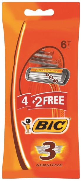 BIC 3 Sensitive Men's Triple Disposable Shaver for Men, Pack of 4+2 Men