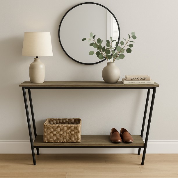Refined Spaces – SlimLine 120cm Console Table – Stonewood Finish with Black Steel Frame / Engineered Wood Console Table