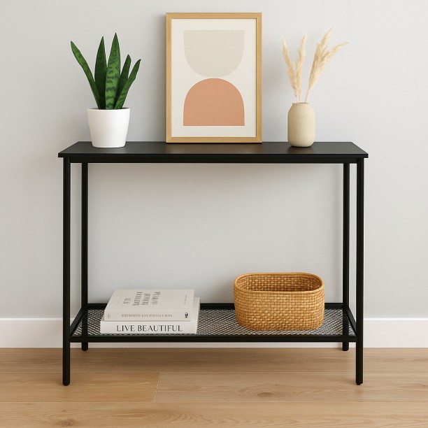 Refined Spaces – Timberline Entryway Console Table – Shadowveneer Finish with Steel Mesh Shelf / Engineered Wood Console Table