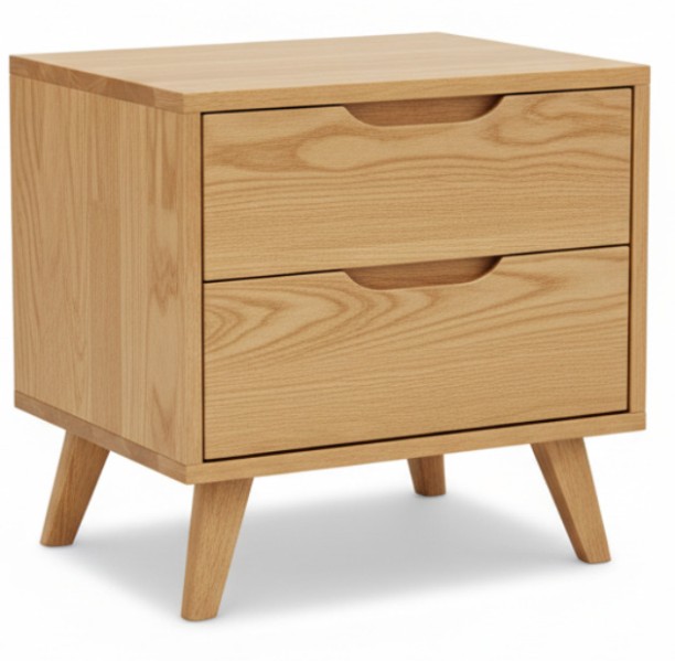 Generic Rubber Wood Side Table with 2 Drawers Solid Wood Bedside Table
