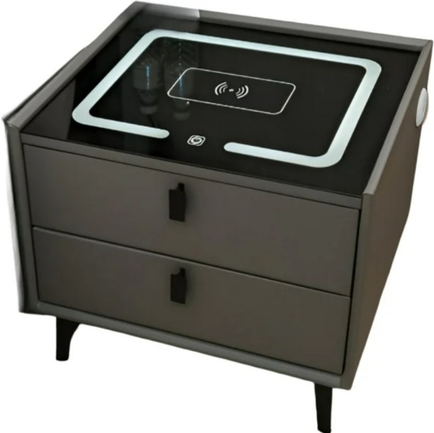 SMART Drawer LED Light Fingerprint Nightstand With Wireless Charging Engineered Wood Side Table (Finish Colour - BLACK, DIY(Do-It-Yourself)) Leather Bedside Table