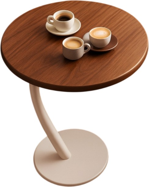 Wobuciko Modern Round Side Table with Brown Top & White Metal Base (40cm x 58cm) Solid Wood Side Table