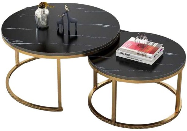 Generic Nesting Coffee Table Round, Golden Color Frame with Marble Pattern Wood Metal End Table