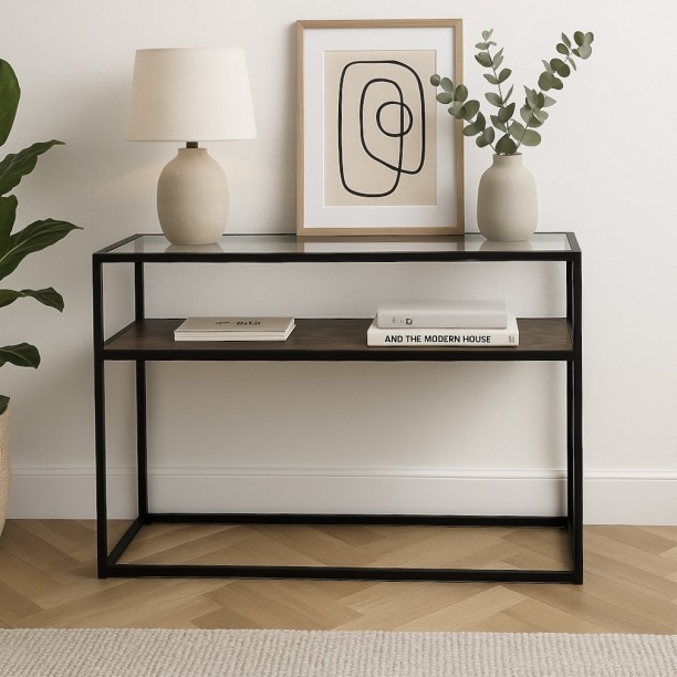 Refined Spaces – Willowbrook 120cm Console Table – Glass Top with Rustic SupaWood Shelf and Black Steel Frame / Engineered Wood Console Table
