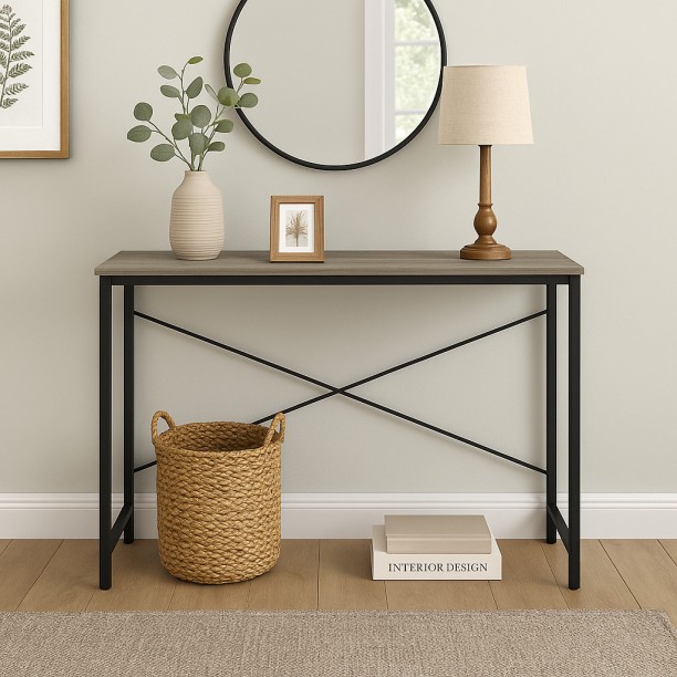 Refined Spaces - Lima 120cm Entryway Table – Slim Console Table with Black Steel Frame & Stonewood Finish / Steel Console Table