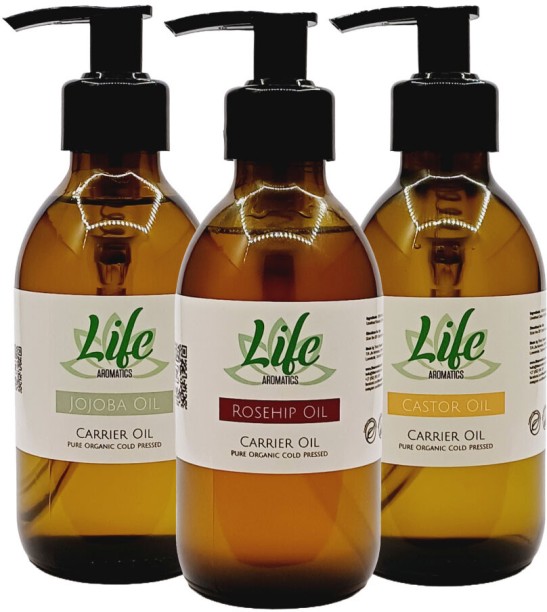 Life Aromatics Carrier Oil Collection - Castor, Jojoba and Rosehip Oil with Lotion Pumps