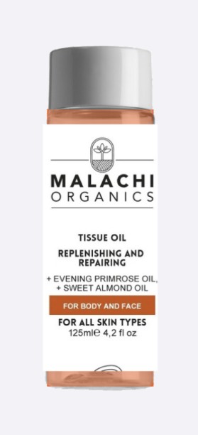 Malachi Organics Replenishing and Repairing Tissue Oil – Recommended for dry, scarred, or damaged skin, helping to fade stretch marks, scars, and uneven skin tone while deeply moisturizing.