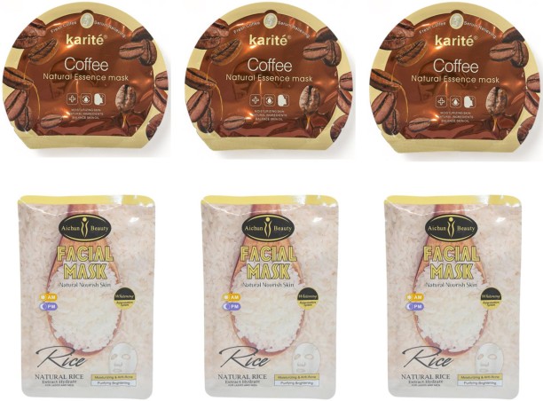 HA SA 3x Rice Soothing Hydrating 25ml & 3xCoffee Natural Essence Face Sheet Mask 30ml