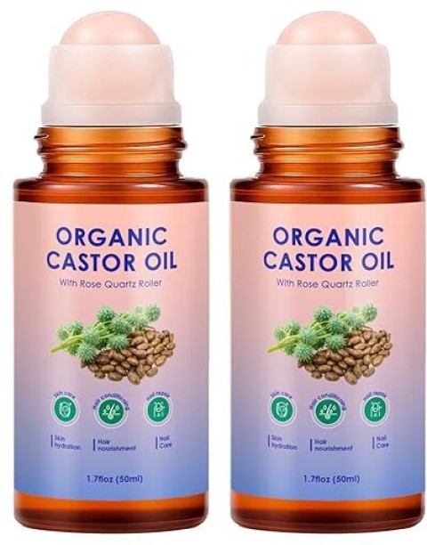 ZZBarer Organic Castor Oil Roll On - 2PCS 100% Pure Cold-Pressed, Hair, Face & Skin Moisturizing, Reducing Dark Circles,Nail and Cuticle Care - Easy to Apply, 50ml*2