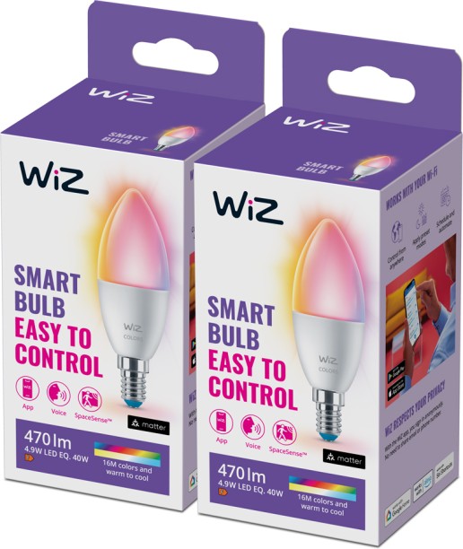 WiZ Wi-Fi C37 Candle 4.9-40W E14 RGBW 2 PACK Smart Bulb