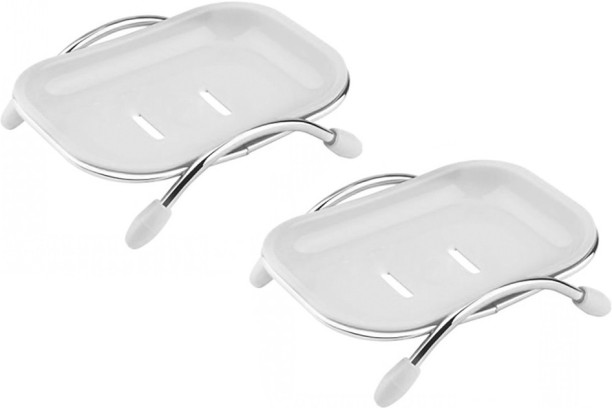 HomewareOnline Tabletop Soap Dish White With Chrome Base - Set of 2 Health & Beauty - Bath Care & Fragrances Soap Case For  Adults