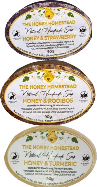 THE HONEY HOMESTEAD Natural Soap Set of 3 Rooibos, Turmeric, Strawberry strawberries, honey, rooibos, shea butter