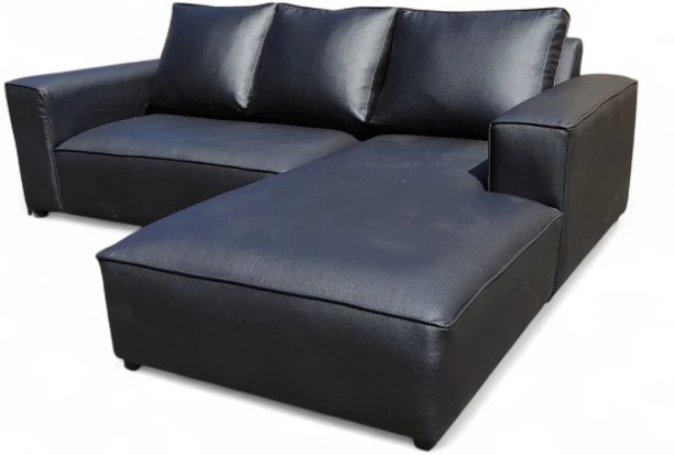 TACH LUXURE Sicily L Shape Couch - Supper Leather - Black Corrected Leather 3 Seater  Sofa